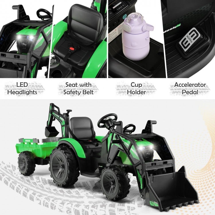 Kids ride-on excavator in green with LED headlights, cup holder, and safety seat belt for secure outdoor fun.