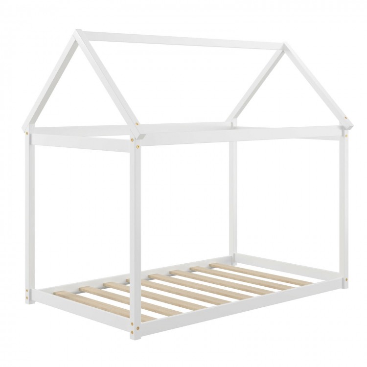 Stable kids platform floor bed in white with roof and heavy-duty slats, ideal for toddlers to teens.