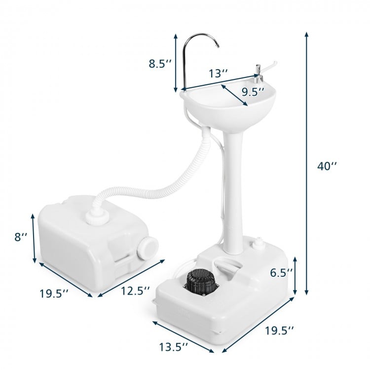 Camping hand wash station with 4.5-gallon tank, featuring a soap dispenser and telescopic hose for hygiene on the go.