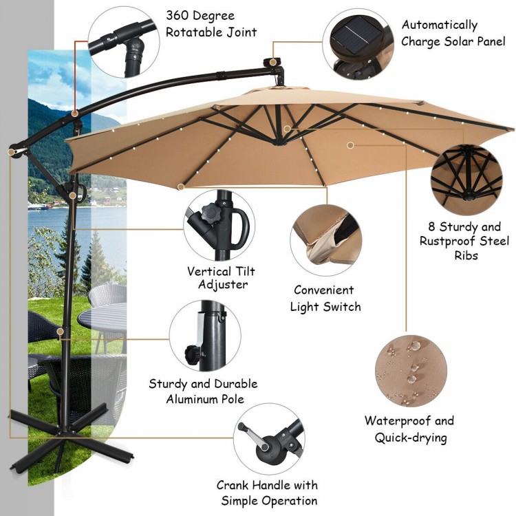 Beige 10 ft solar-powered LED patio offset umbrella with 360° rotation, featuring a durable aluminum pole and.