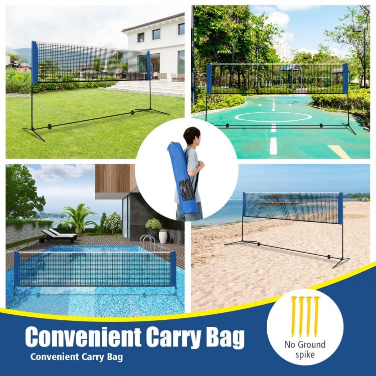 Adjustable 10-foot badminton net stand with portable carry bag, suitable for yard, pool, or beach sports activities.