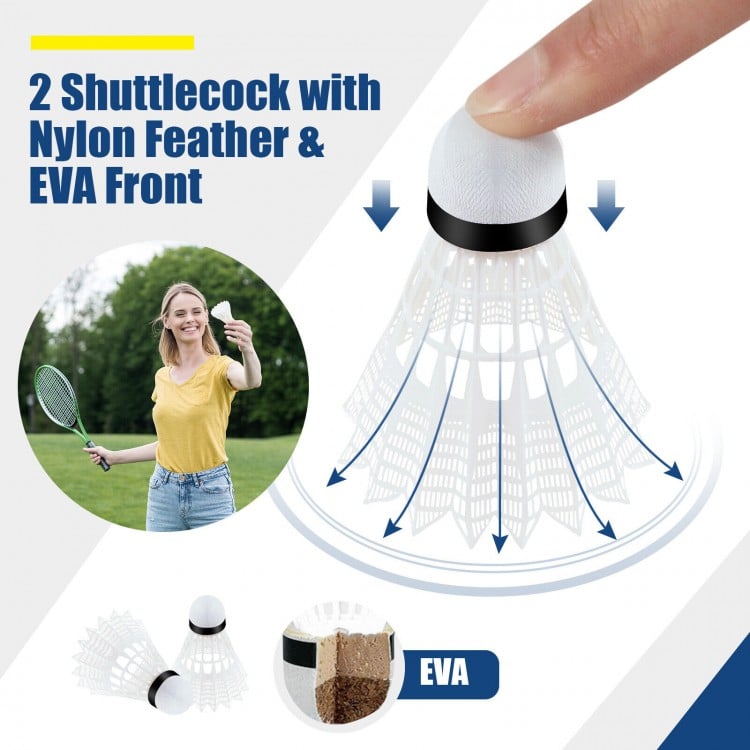 Adjustable 10-foot badminton net stand with portable carry bag, suitable for various sports and easy tool-free setup.