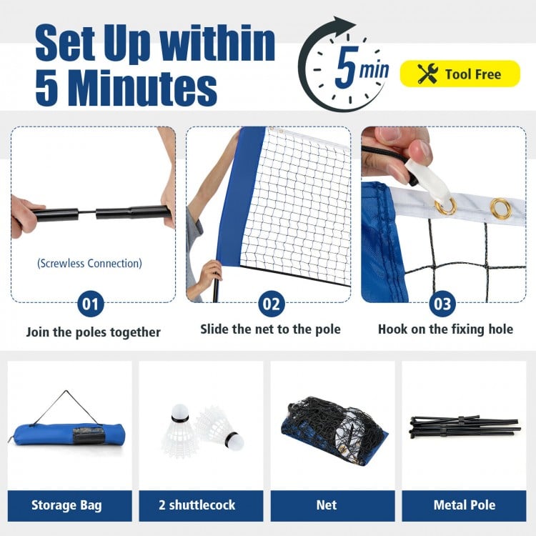 Adjustable 10-foot badminton net stand with storage bag, easy tool-free setup in 5 minutes for various sports.