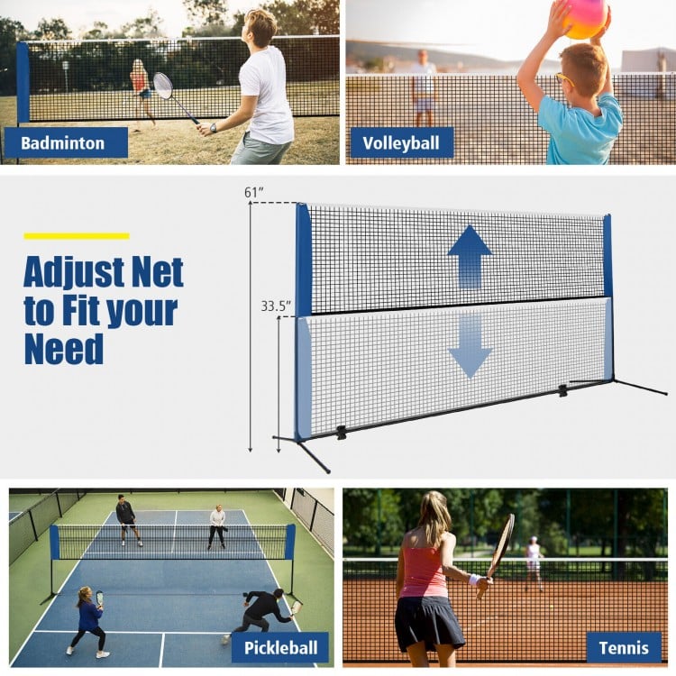 Adjustable 10-foot badminton net stand for volleyball and pickleball, featuring a sturdy metal frame and portable carry.