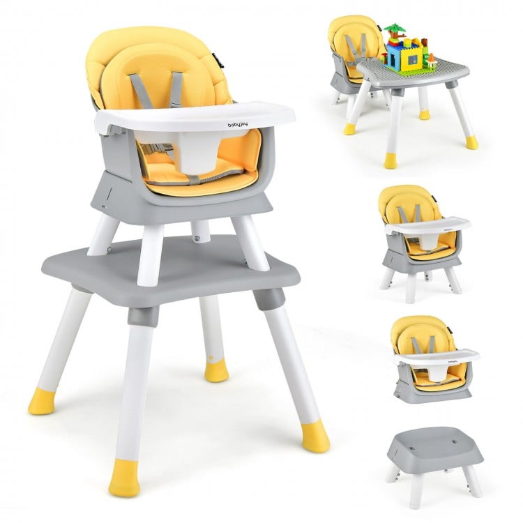 6-in-1 convertible baby high chair in yellow with adjustable tray, removable cushion, and stable pyramid structure.