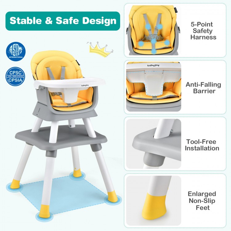Convertible baby high chair in yellow with adjustable tray, safety harness, and non-slip feet for versatile use.