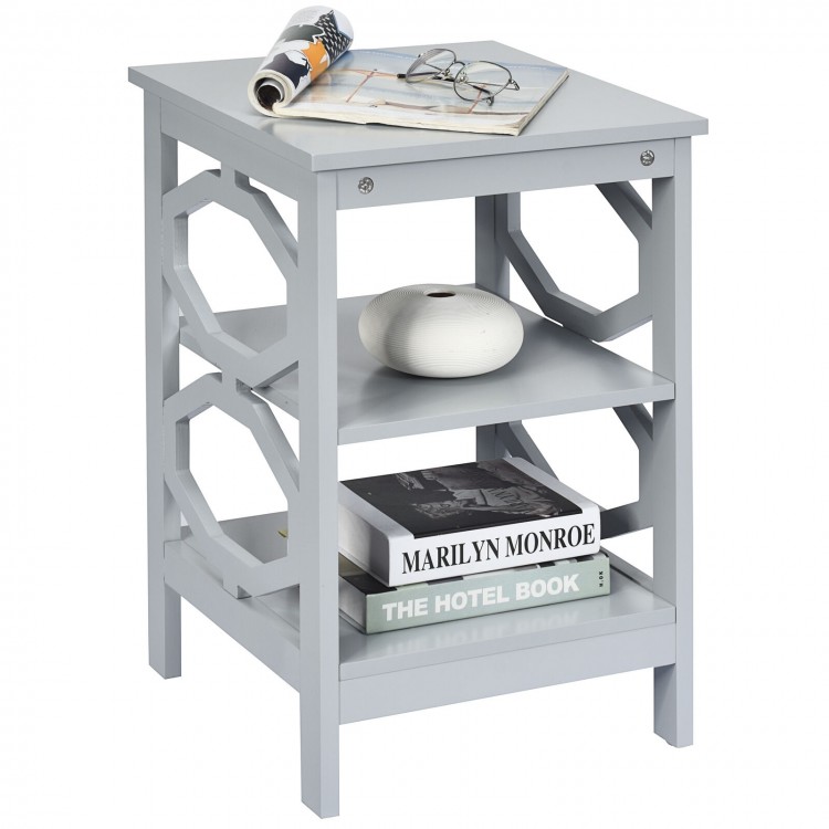 Gray 3-tier nightstand showcasing a sleek design, ideal for displaying decorative items in any room setting.