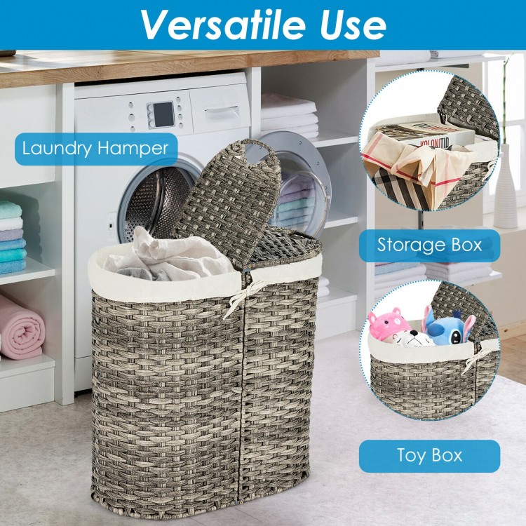 Handwoven gray laundry hamper basket with two removable liner bags, ideal for storing clothes and toys in various rooms.