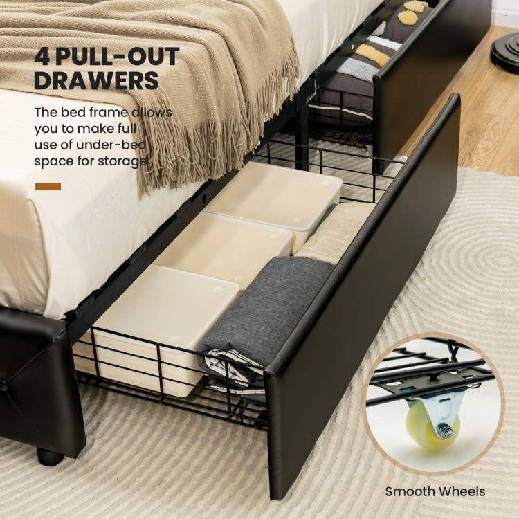 Full/Queen PU leather platform bed with 4 pull-out storage drawers, featuring a button-tufted design and adjustable.