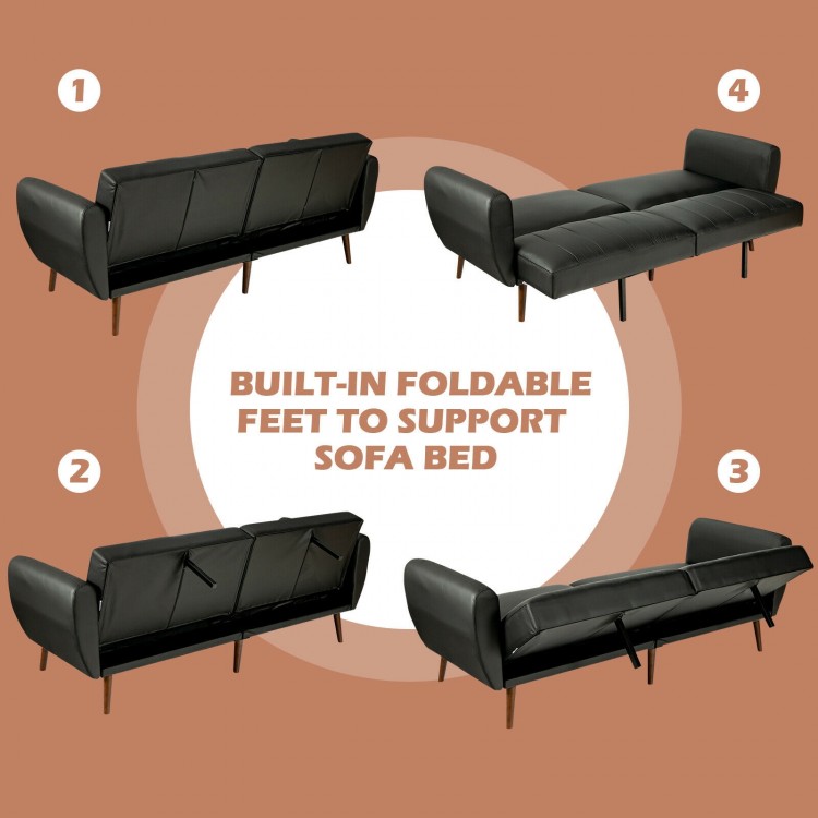 Convertible black sofa bed with adjustable backrest and foldable feet, perfect for small apartments and versatile use.