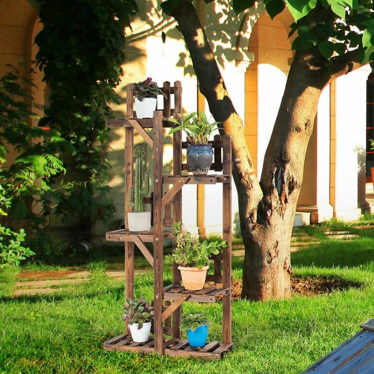 5-tier wood plant stand with triangular brackets, showcasing various flower pots in a garden setting for optimal plant.