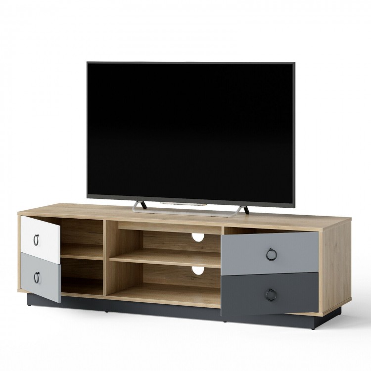 Modern 55-inch TV stand in light wood with two storage cabinets and adjustable shelves for organized entertainment.