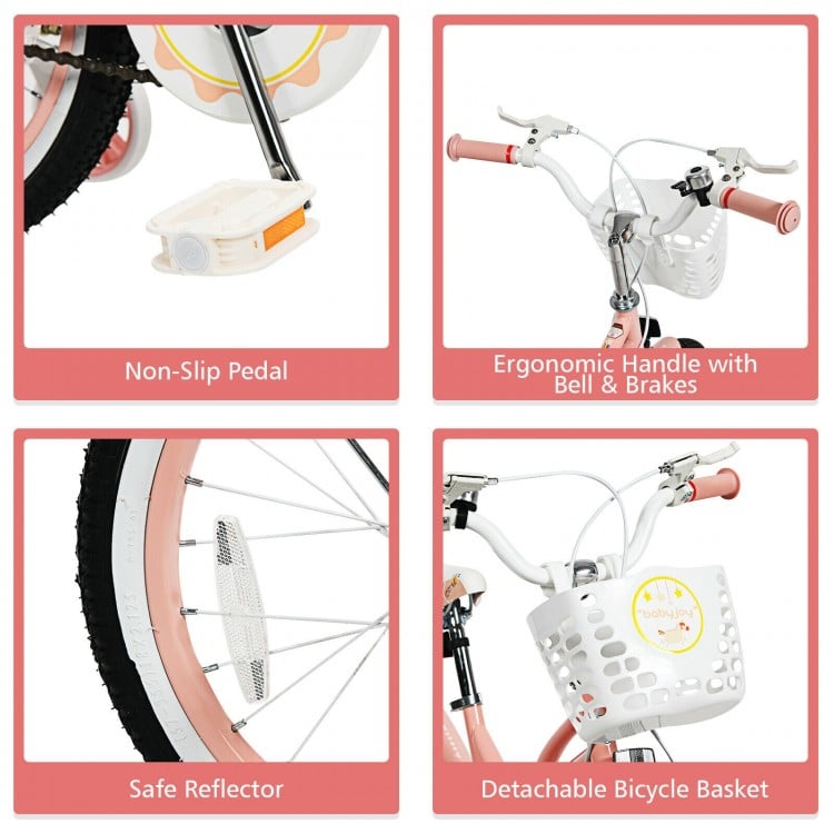 Kids' 18-inch pink bike with adjustable seat, detachable basket, non-slip pedals, and safety reflector for secure.