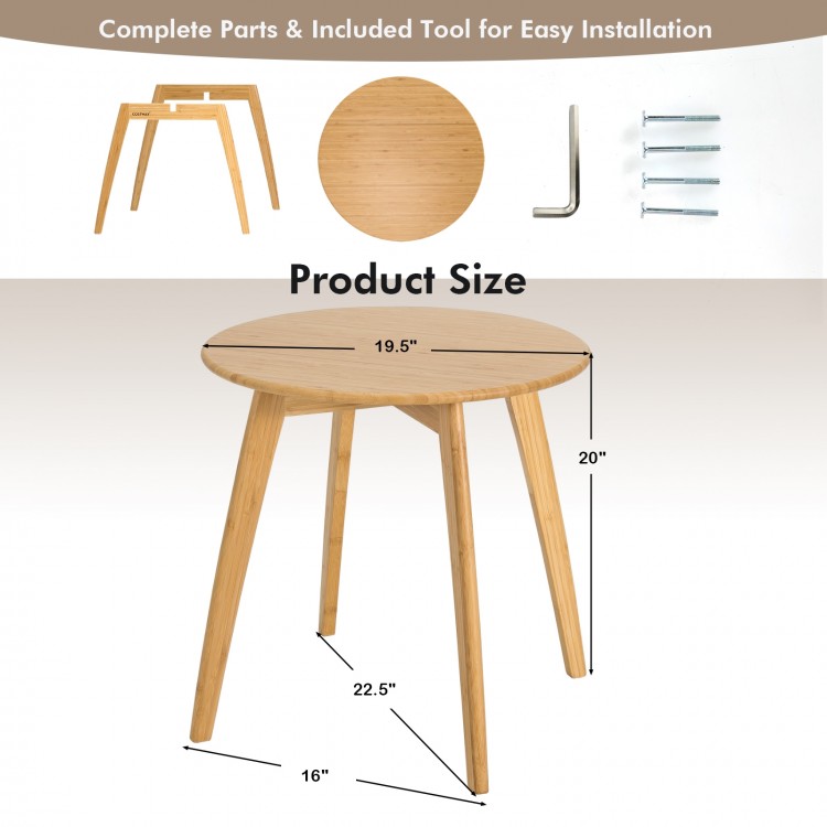 Natural bamboo round end table with a 20-inch tabletop, featuring sleek edges and a sturdy X-frame for stability.