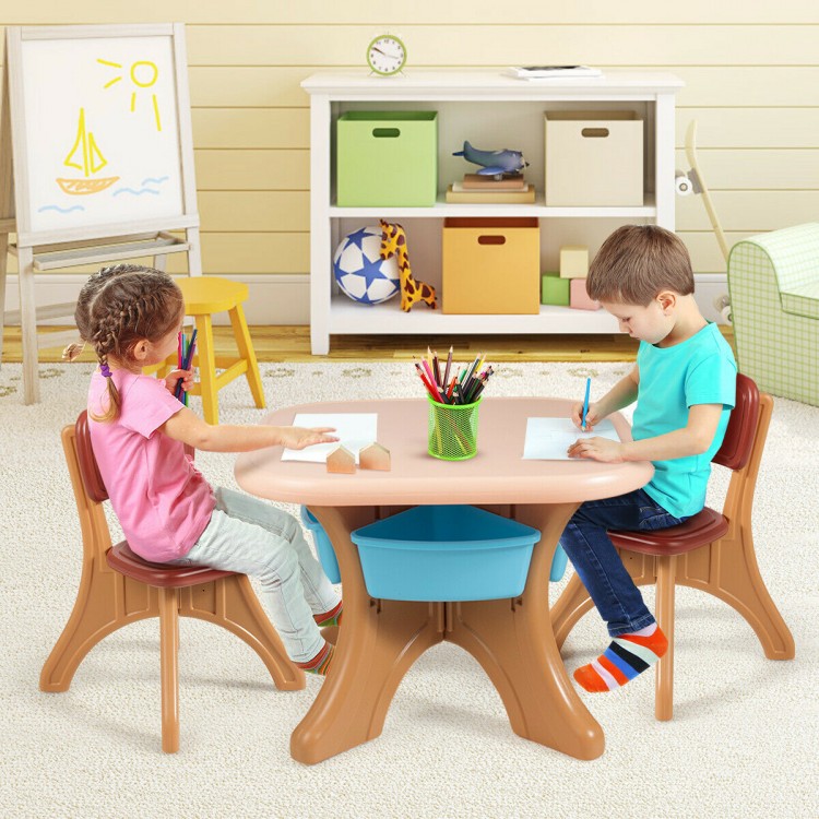 Kids activity table and chair set in coffee color with storage drawers, perfect for arts, crafts, and learning.