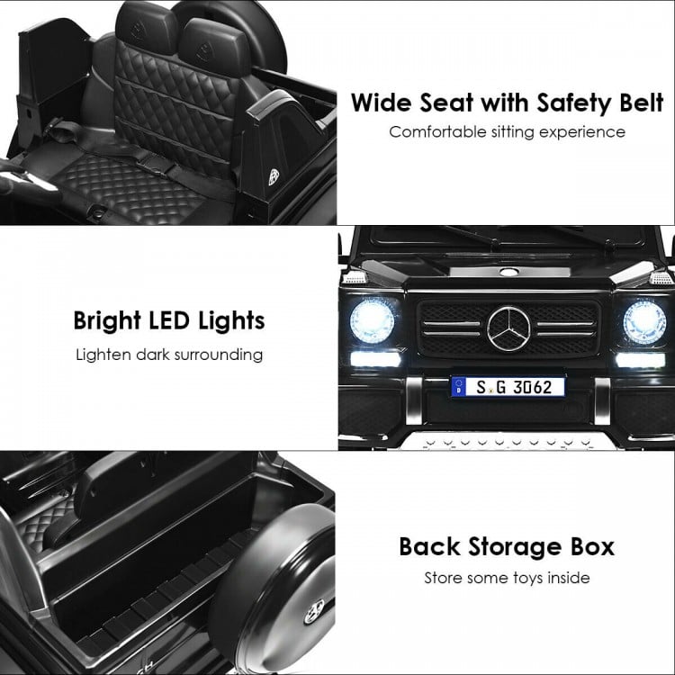 Wide seat with safety belt in the 12V licensed Mercedes-Benz kids ride-on car for comfort and safety during playtime.