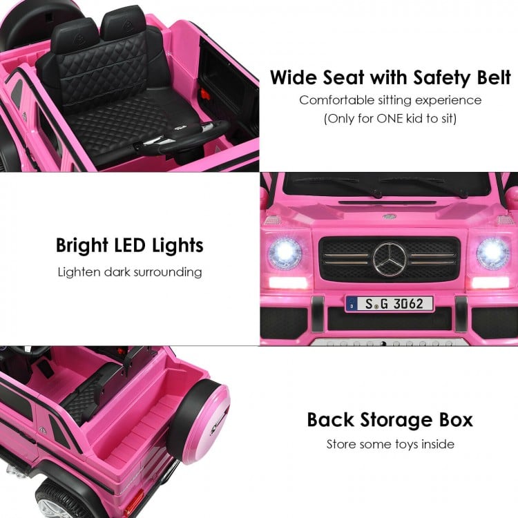 Bright LED lights and wide seat with safety belt in the pink 12V Mercedes-Benz kids ride-on car for safe fun.