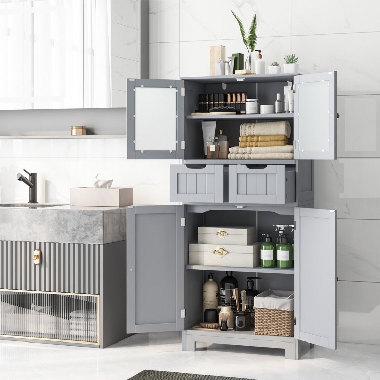 Gray 4-door free-standing bathroom cabinet with 2 drawers and tempered glass doors, ideal for organized storage.