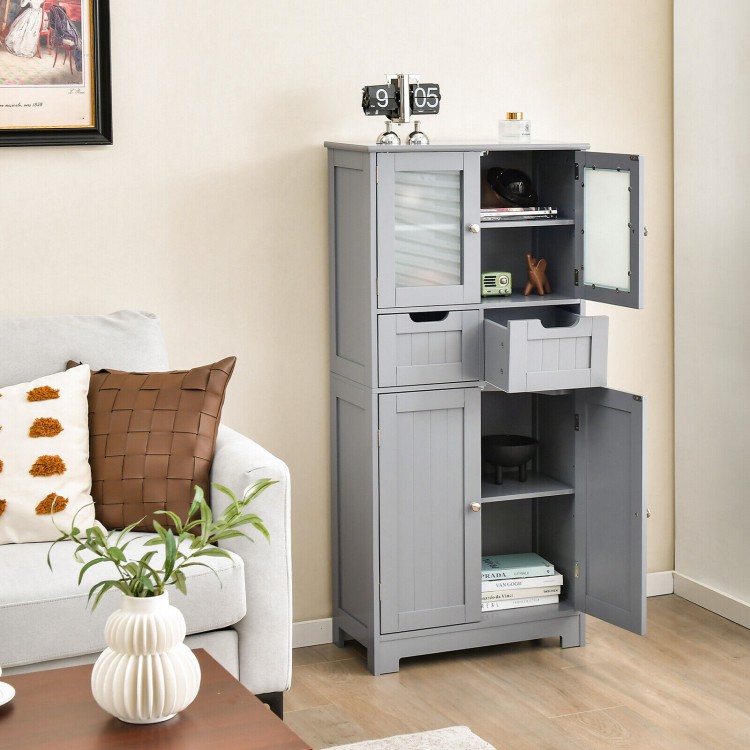 Gray 4-door free-standing bathroom cabinet with 2 drawers and glass doors, ideal for organized storage in any room.