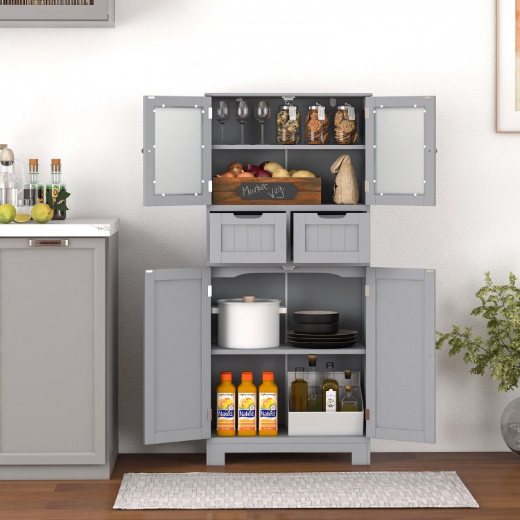 Gray 4-door free-standing cabinet with glass doors and 2 drawers, ideal for organized storage in any room.