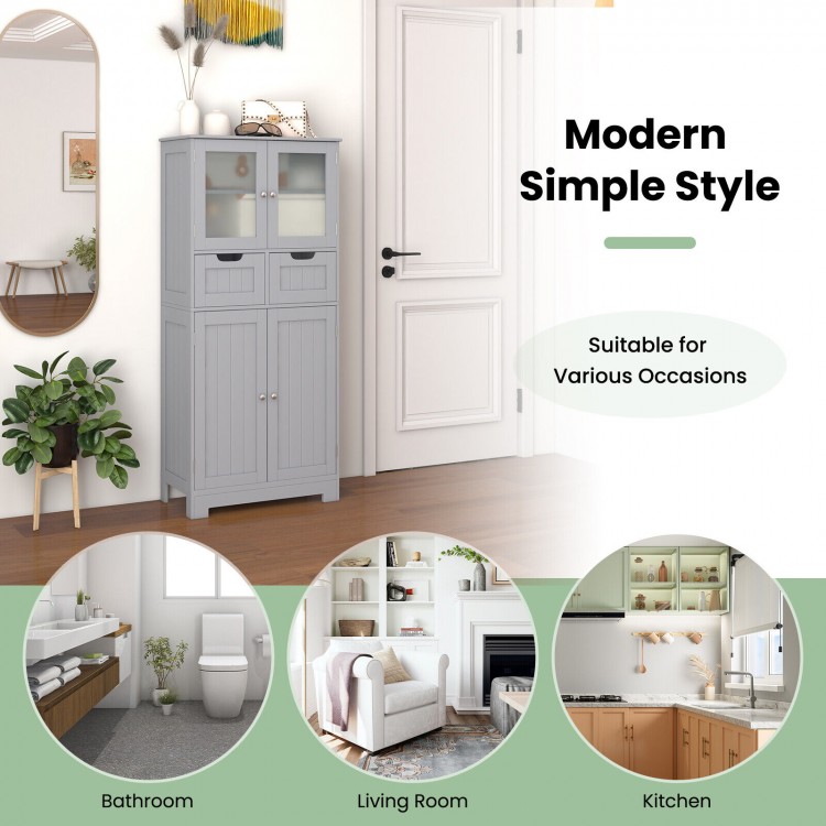 Gray 4-door free-standing bathroom cabinet with glass doors and 2 drawers, ideal for versatile storage in any room.