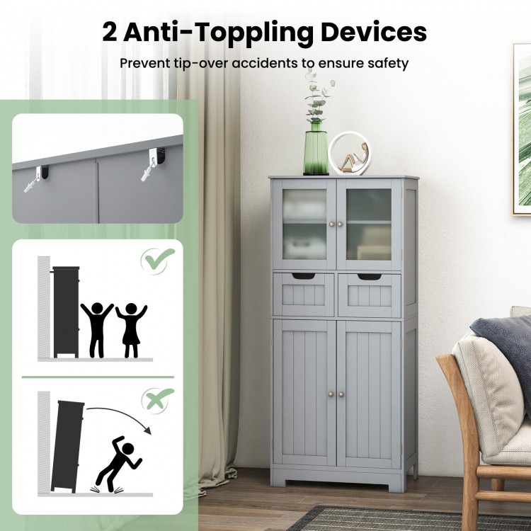 Gray 4-door free-standing bathroom cabinet with glass doors, 2 drawers, and anti-toppling devices for safety.