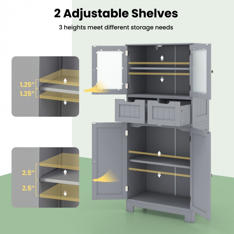 Free-standing gray bathroom cabinet with 2 drawers, 2 adjustable shelves, and glass doors for versatile storage.