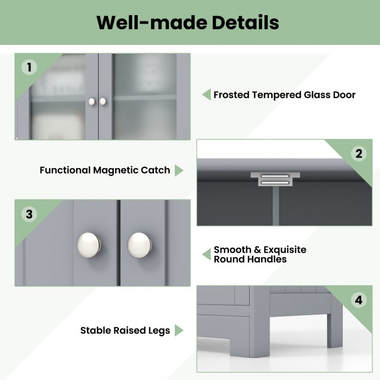 Gray 4-door free-standing bathroom cabinet with glass doors, adjustable shelves, and stable raised legs for versatile.