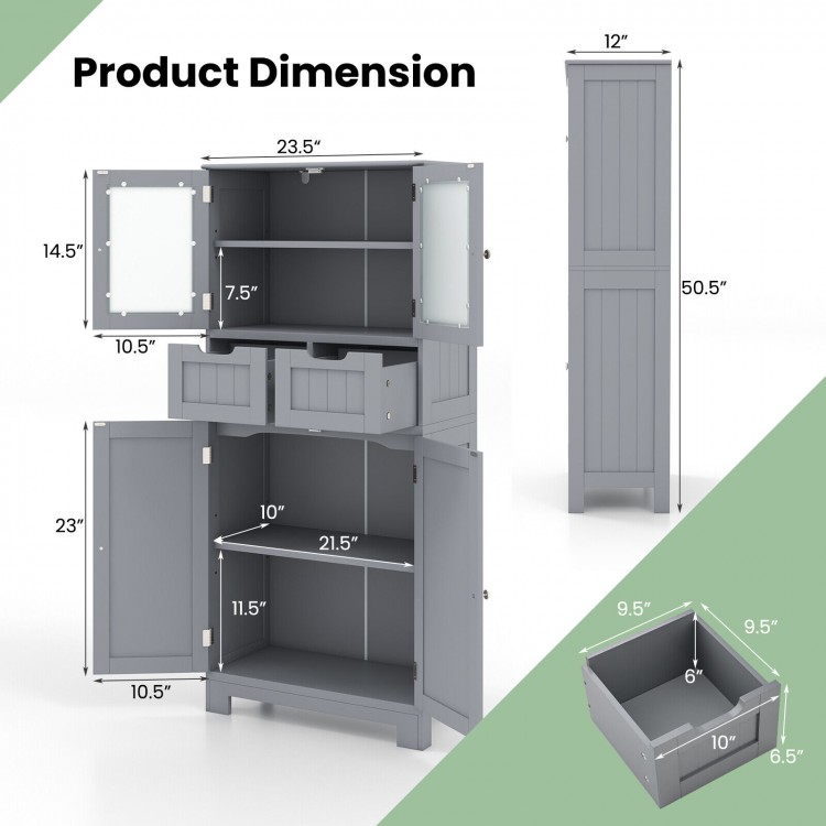 Gray 4-door free-standing bathroom cabinet with 2 drawers, adjustable shelves, and tempered glass doors for versatile.