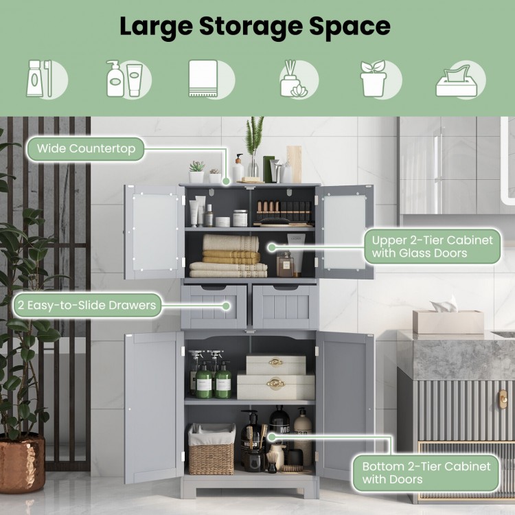 Gray 4-door free-standing bathroom cabinet with glass doors, 2 drawers, and adjustable shelves for versatile storage.