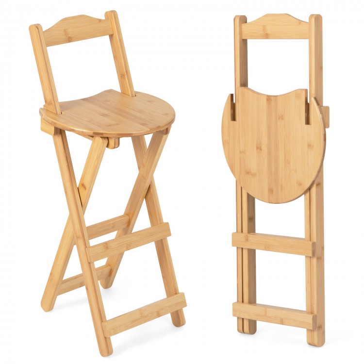 Bamboo folding barstools with footrests and handles, featuring a natural finish for rustic appeal and easy storage.