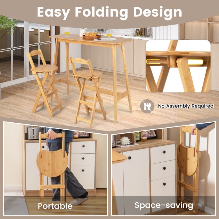 Bamboo folding barstools with footrests and handles, featuring a space-saving design for home or cafe use.