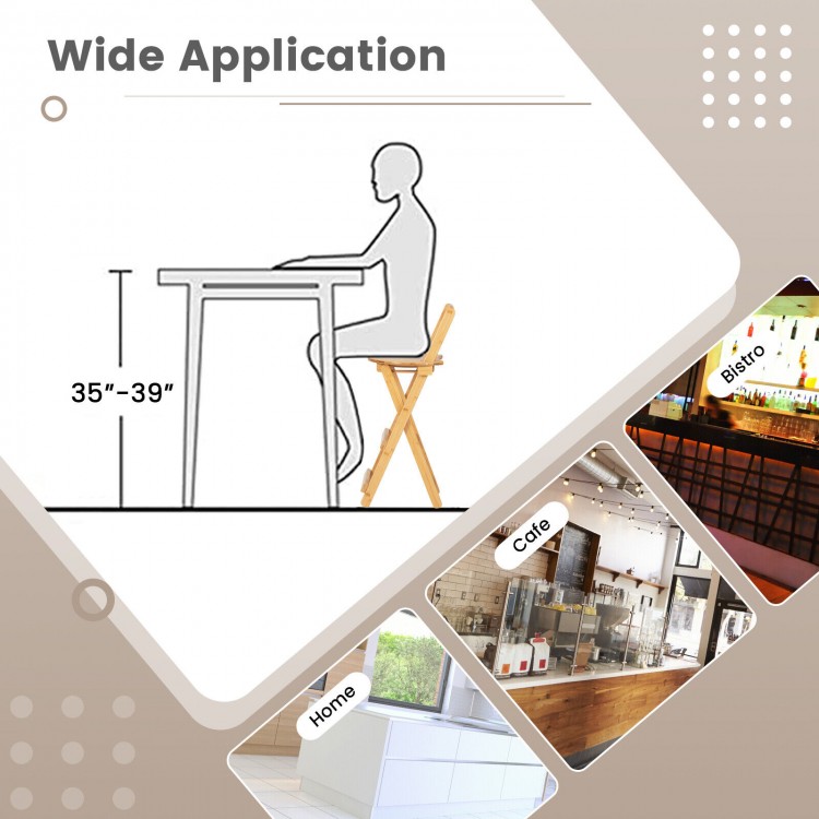 Bamboo folding barstools with footrests and handles, 24-inch height, ideal for home, bistro, or cafe settings.