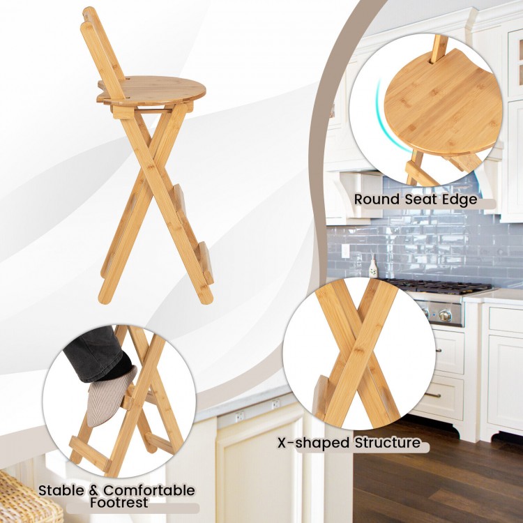 Bamboo folding barstool with round seat edge, ergonomic backrest, and X-shaped structure for home or cafe use.
