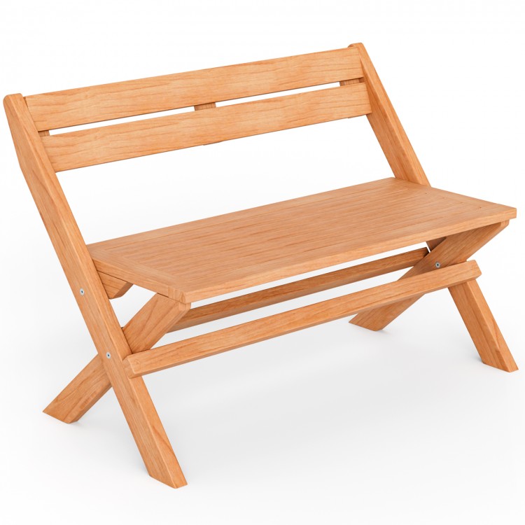 Folding outdoor bench made of high-grade teak wood, showcasing its natural elegance and slatted seat design for outdoor.