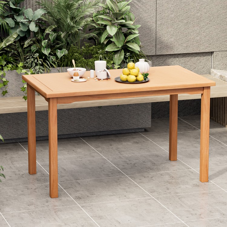 49-inch rectangle patio dining table made of premium teak wood, perfect for 6 people, ideal for backyard or poolside.
