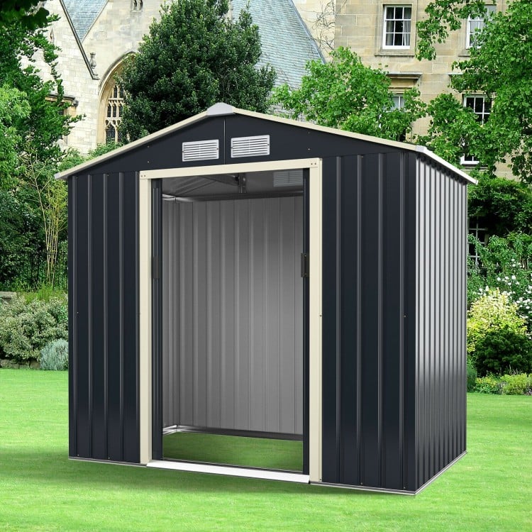 Metal storage shed with sliding double lockable doors, gray color, 7x4 feet, ideal for tool storage and outdoor use.