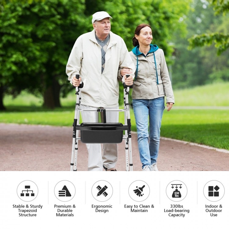 Height adjustable rollator walker with seat, ergonomic design, aluminum frame, 330lbs capacity for indoor and outdoor.