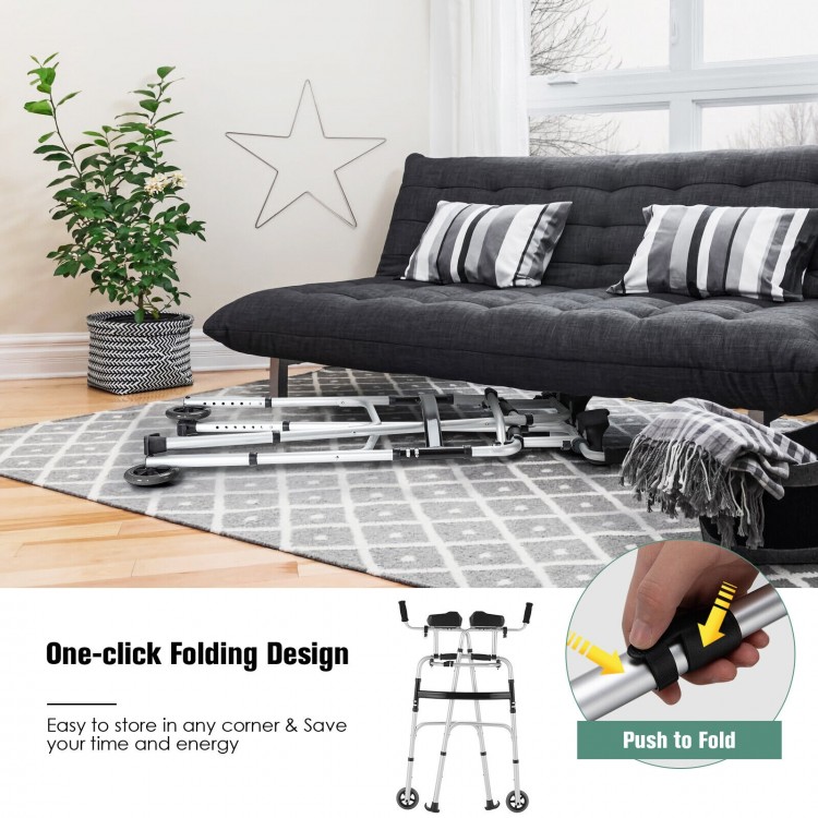 Height adjustable rollator walker with seat and armrest pad, featuring one-click folding design for easy storage.