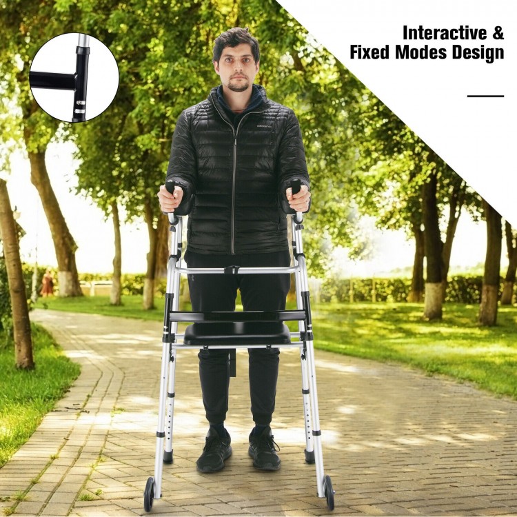 Height adjustable rollator walker with seat and armrest pad, aluminum frame, 5" wheels, ideal for mobility support.