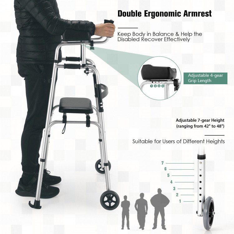 Height adjustable rollator walker with seat and double ergonomic armrest, suitable for users 42" to 48" tall.