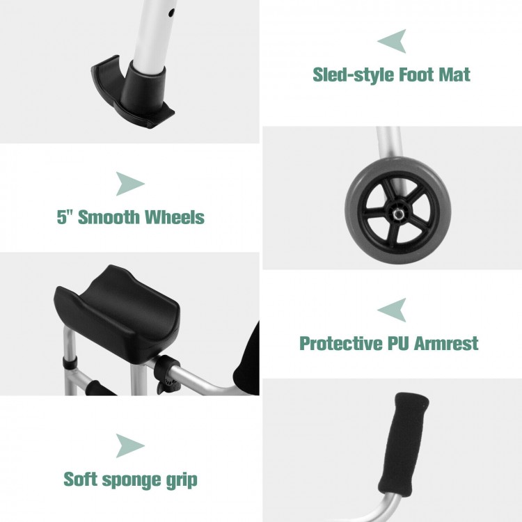 Height adjustable rollator walker features 5" smooth wheels, protective PU armrest, and soft sponge grip for comfort.