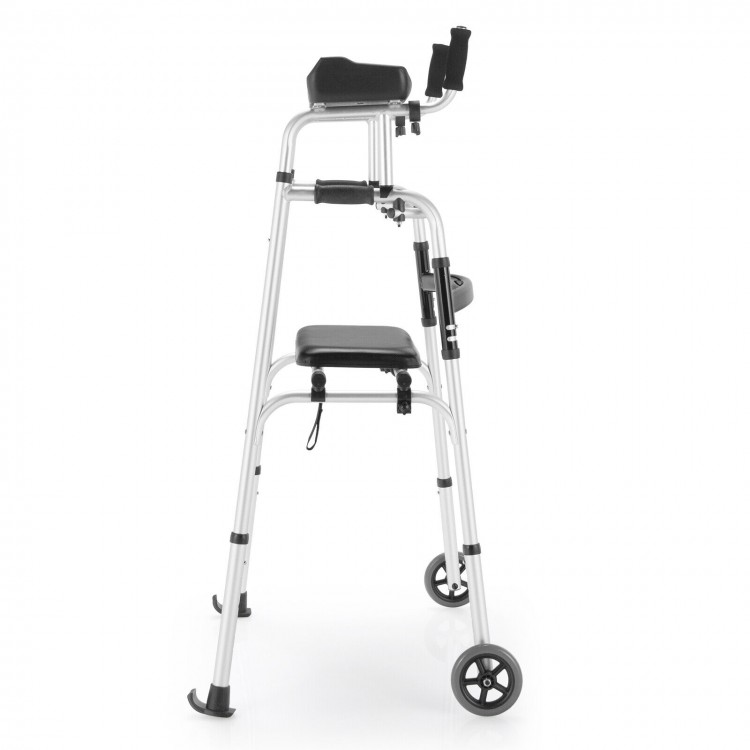 Height adjustable rollator walker showcasing a side view, featuring a lightweight aluminum frame and ergonomic armrest.