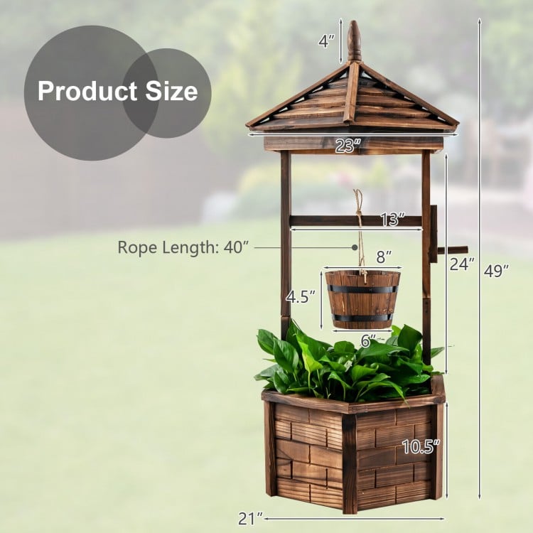 Rustic wooden wishing well planter with adjustable bucket, made from carbonized fir wood, ideal for outdoor gardens.