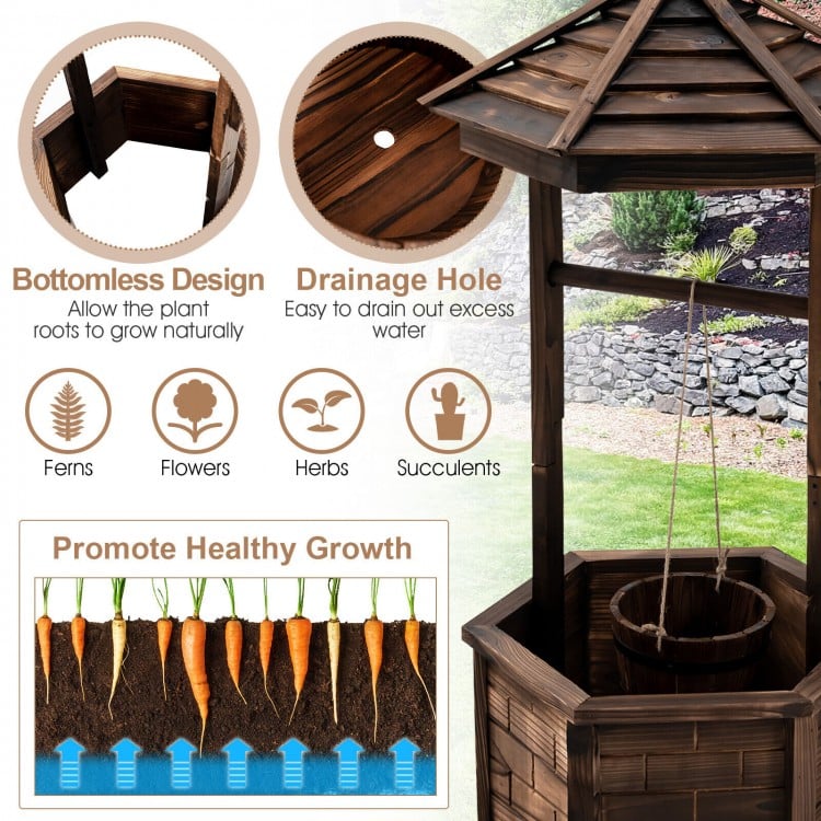 Rustic wooden wishing well planter with adjustable bucket, drain hole, and hexagonal roof for plant protection.
