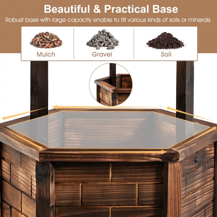 Rustic wooden wishing well planter with hexagonal base, adjustable bucket, and climbing racks for outdoor gardening.
