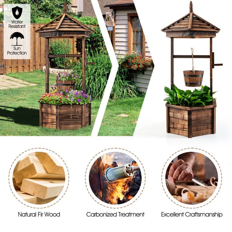 Rustic wooden wishing well planter with adjustable bucket, made from carbonized fir wood for outdoor use and plant.