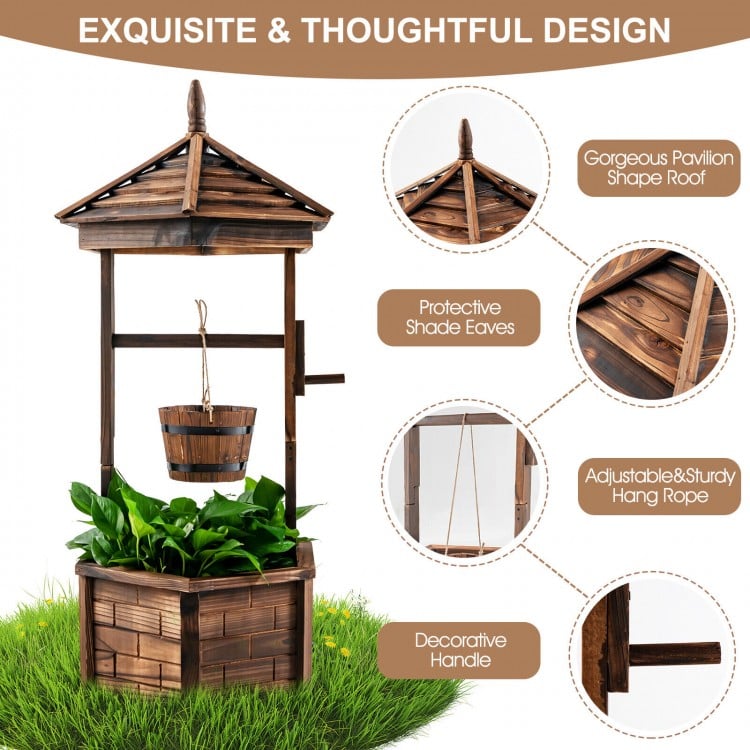 Rustic wooden wishing well planter with adjustable hanging bucket, carbonized fir wood, ideal for garden or patio use.