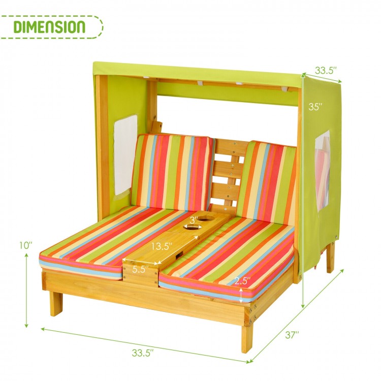 Kids patio lounge chair with awning, multicolor cushions, cup holders, perfect for outdoor play and relaxation.
