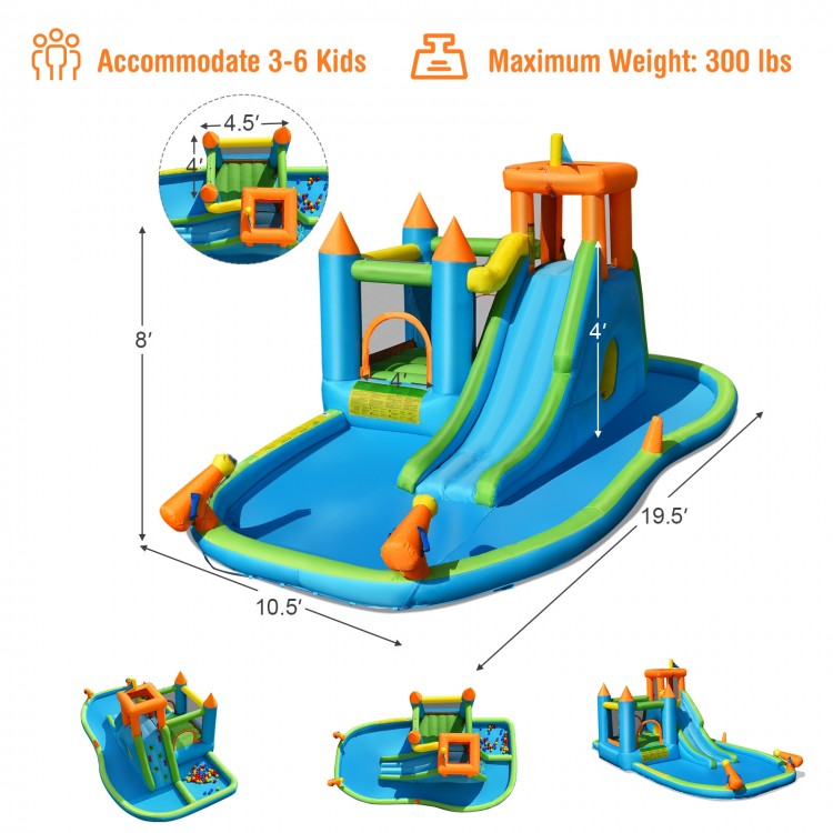 Inflatable water slide with bounce house and splash pool, multi-color design, accommodates 3-6 kids for outdoor fun.